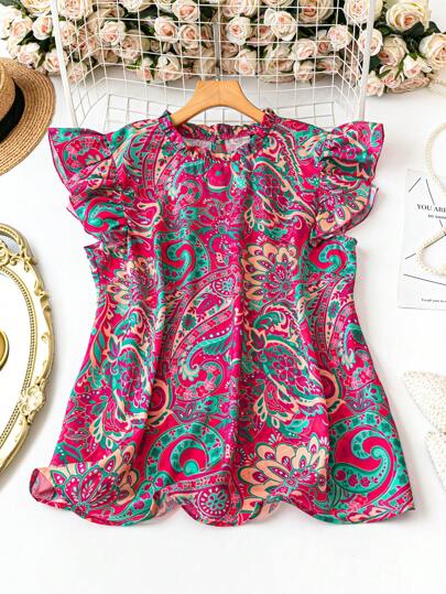 DreamSkyne Women Plus Size Ruffled Round Neck Cap Sleeve Ditsy Floral Loose Blouse, Suitable For Holiday And Daily Wear