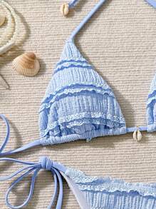 Swim Mod 2pcs/Set New Summer Women Beach Bikini Set, Jacquard Fabric Cute Bikini Swimsuit With Side Tie - Blue - View 1