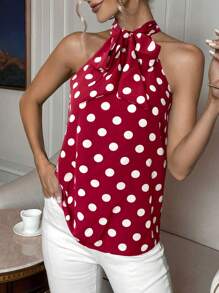SHEIN Privé Women's Elegant Office Commute Polka Dot Print Halter Shirt