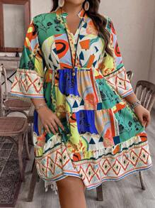 EMERY ROSE Robe à imprimé floral col en V manches 3/4 grande taille, style vacances