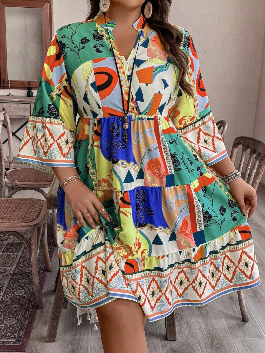 EMERY ROSE Robe à imprimé floral col en V manches 3/4 grande taille, style vacances