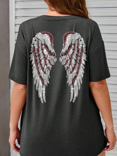 SHEIN LUNE Wing Graphic Print Round Neck Short Sleeve Plus Size T-Shirt