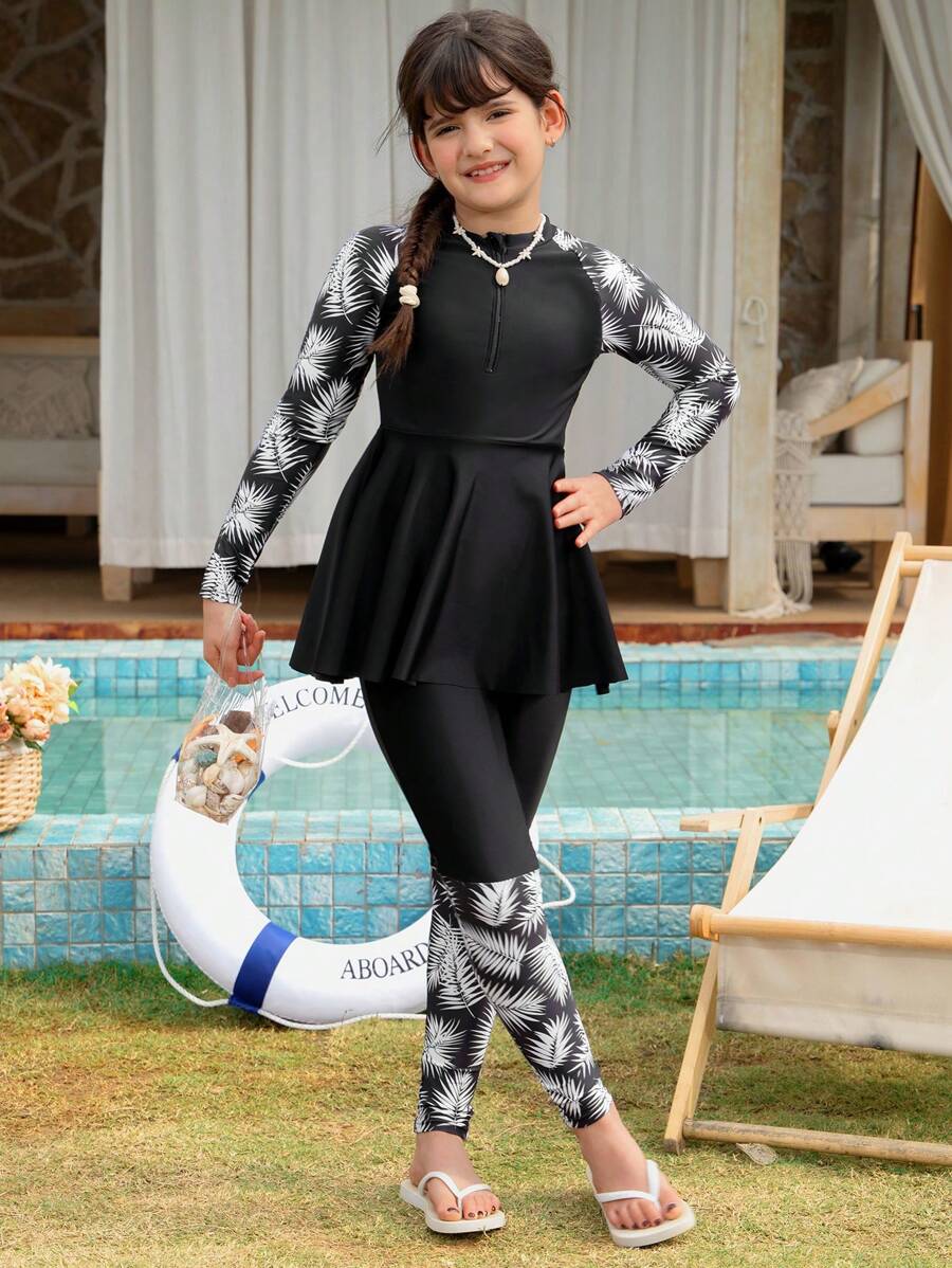 Tween Girl Spaghetti Strap Tankini Set, Girls Palm Print Sports Swimwear