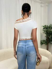 Glamine Women Contrast Lace Asymmetrical Shoulder Casual Basic Daily Slim Fit T-Shirt,Spring/Summer, Easter,Graduation,Summer,Spring,Country Concert,Club Women Sexy Top,Vacation - Apricot - View 2