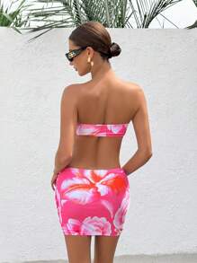 SHEIN Swim 3 pezzi Nuovo arrivo estivo Costumi da bagno da donna con stampa casuale di farfalle e fiori metallici plissettati, senza maniche, adatti per la spiaggia e le località balneari