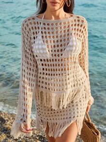 RueChic Women Solid Color Hollow Out Tassel Detailed Cover Up & Sweater Skirt Set - Beige - View 3