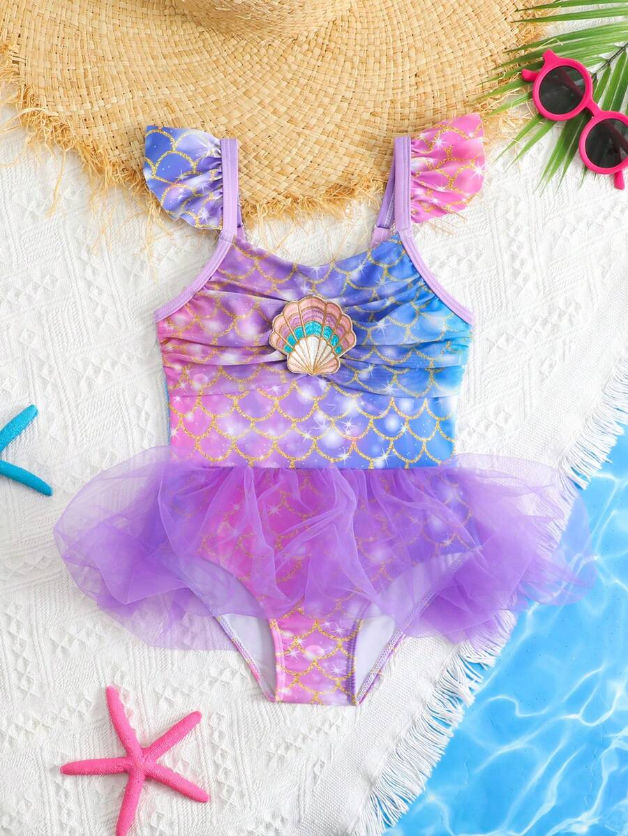 Young Girl Mermaid Print Contrast Mesh Ruffle One-Piece Swimsuit - Multicolor - View 1