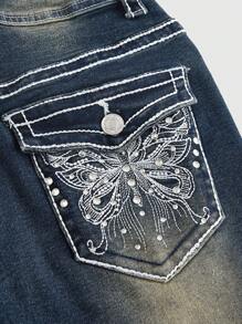 ROMWE J-Fashion Y2K Low Waist Vintage Rhinestone Butterfly Embroidered Jeans - Blue - View 3