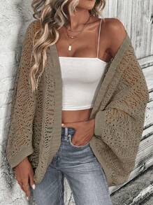 SHEIN LUNE 休闲纯色前开针织蝙蝠袖开衫 - 軍綠色 - 查看 4