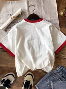 SHEIN Cute Bow Print, Red Color Blocking, Tween Girls' Casual Simple Short Sleeve Round Neck T-Shirt, Suitable For Summer - White - View 4
