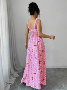 Elenzga Women's Blue Plaid & Cherry Print Ruffle Trimmed Slip Dress For Vacation - Pink - View 2