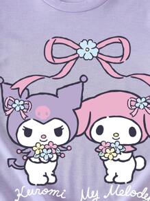 HELLO KITTY AND FRIENDS | SHEIN 青少年女孩卡通印花休闲简约短袖 T 恤，夏季 - 淡紫色 - 查看 4