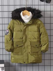 SHEIN Casaco acolchoado com capuz e forro térmico para menino, 1 peça, carta e montanha, bordado, bolso, acabamento felpudo