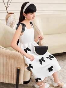 SHEIN Tween Girls Elegant Sleeveless Patchwork Contrast Color Bow Mid-Length Dress, Party Dress - White - View 4