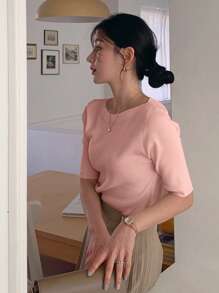 女士纯色修身优雅针织汗衫，返校服装 - 粉色 - 查看 4