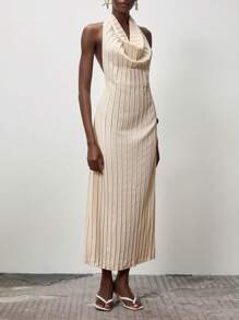 Lumivelle Vestido de mujer fruncido sin espalda con cordón a la cintura, Vestido largo de mujer de cuello de capucha en beige