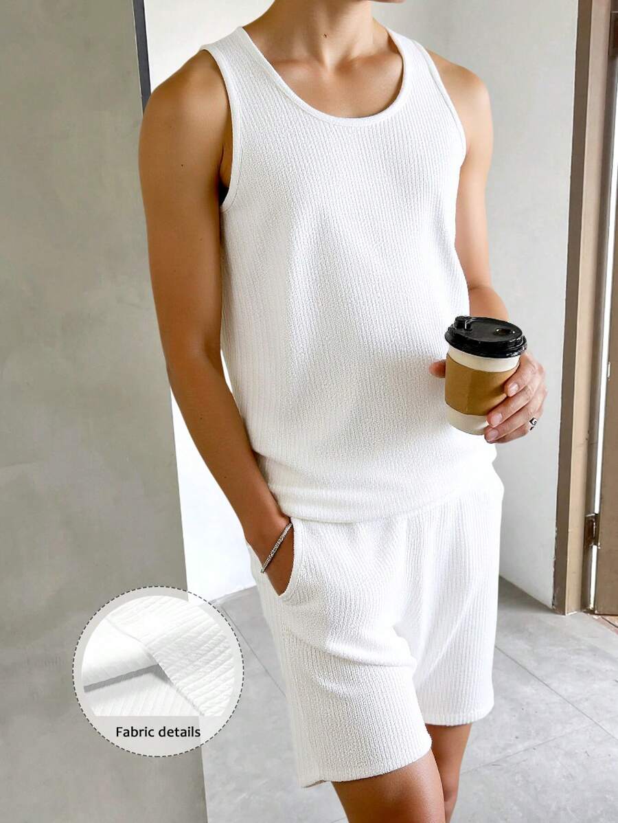 Manfinity Hypemode Men's Casual Solid Color Tank Top And Shorts Set Set Men Two Pieces White Men Outfit - Apricot - View 1