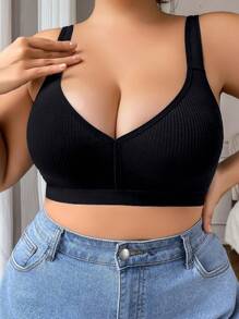 NudeFit Women Plus Size Comfortable Wide Straps V-Neck Seamless Bralette Solid Color Breathable Wireless Minimizer Bra - Black - View 5