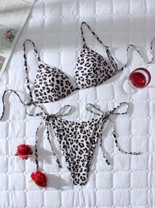 SHEIN Swim 女士豹纹圆点印花三角罩杯可调节肩带侧抽绳性感派对分体两件套泳衣 - 彩色 - 查看 2