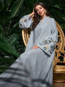 Al Najma Women's Solid Color Woven Embroidered Arabic Style Dress, Modest - Dusty Blue - View 6