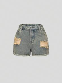 Fashionable Distressed Vintage Washed Denim Loose Fit Cuffed Shorts For Tween Girls - Medium Wash - View 3