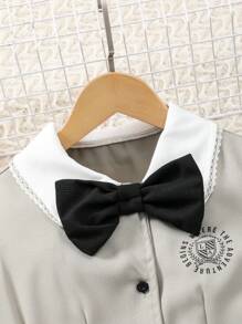 青少年女孩拼色纽扣前褶休闲连衣裙，英式风格