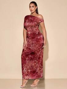 SHEIN BAE 大码休闲不对称肩部连衣裙，夏季女士生日礼服