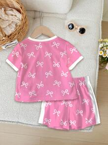 SHEIN 2Pcs Cute Sweet Pink Bow Printed Young Girl Casual Shorts Suit, Colorblock, Suitable For Summer - Multicolor - View 3