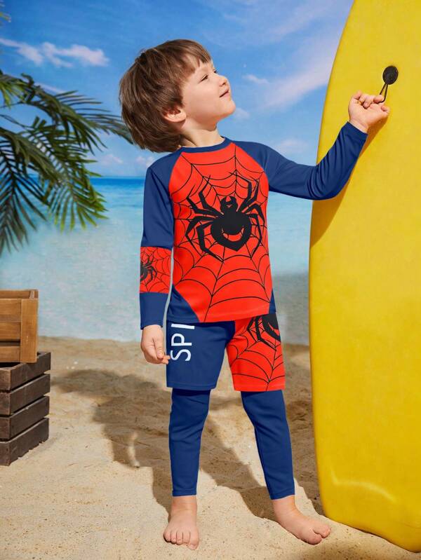 Young Boys Swimwear,Two Pieces Spider And Printed Two Pieces Swimsuit, With Color Block Design, Suitable For Spring And Summer Vacation Swimming