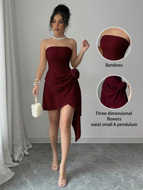 Elenzga Apricot Sweetheart Ruched A-Line Elegant Romantic Floral Dress For Women, Perfect For Valentine's Day