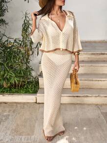 EURMUSE Women's Women Summer Crochet Beach Vacation Spring Resort Wear Boho Sun Dress Outfits For Women Women Button Front Short Sleeve Cardigan Knit Top And Bodycon Sweater Knit Skirt Beachwear Co-Ords Set 2pcs Two Pieces Cotton Set White Party - Cream - View 7