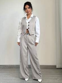 Elenzga Women's Casual Business Striped Waistcoat & Suit Pants - Light Grey - View 3