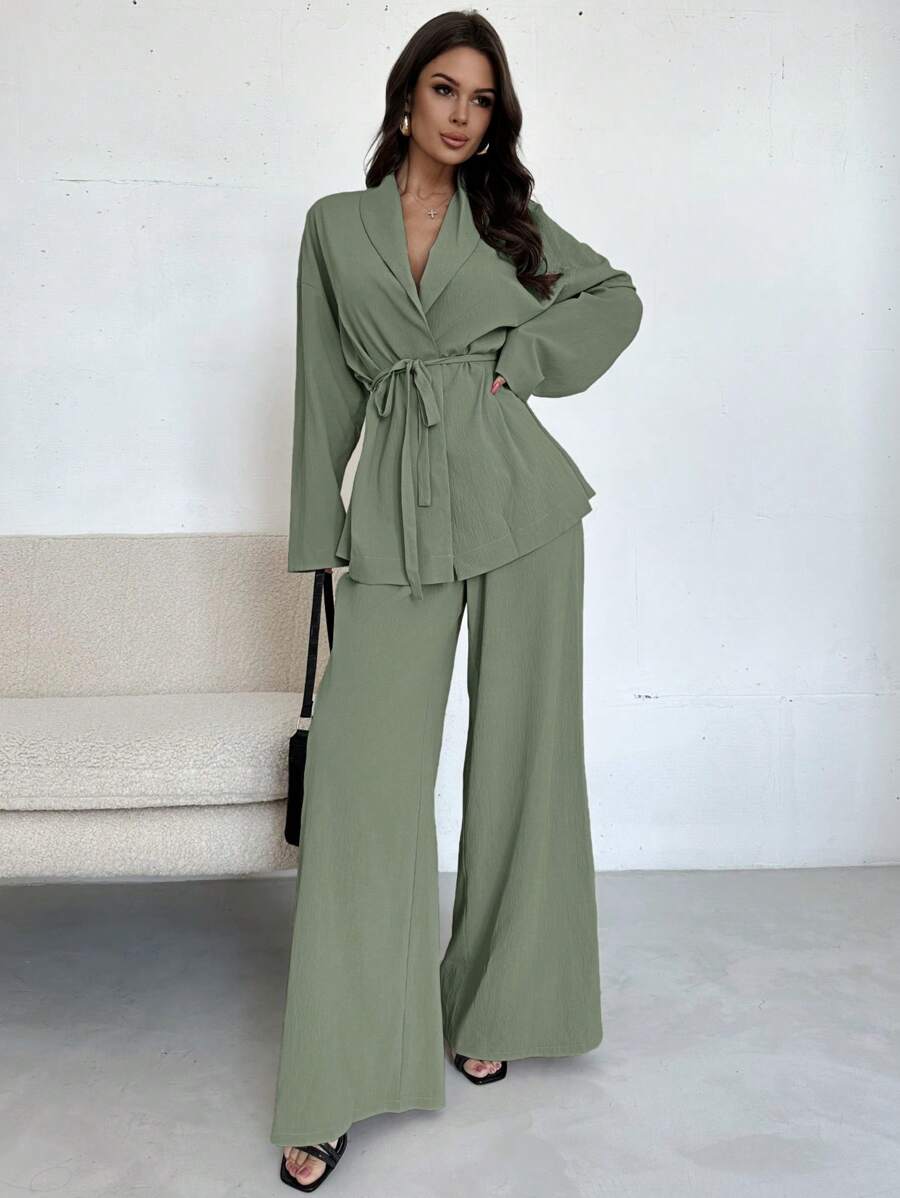 Firerie 女士优雅休闲度假通勤办公室撞色翻领系腰宽松紧身衣和高腰休闲裤，适合秋夏季 - 薄荷綠 - 查看 1