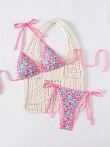 Swim Mod 2pcs/Set Women's Cute Vacation Patchwork Ditsy Floral Gingham Triangle Bikini With Neck Tie Back And Side Tie Detailed Shorts For Summer - Multicolor - View 4
