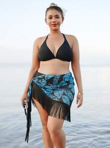 Swim Lushoire 大码女式连体热带绿色植物花卉印花流苏度假/海滩中长裙 - 藍色 - 查看 5