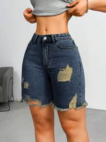 SHEIN EZwear Women's Casual Dark Wash Denim Shorts: Ripped Detailing And Short Length For A Summer Look - Dark Wash - View 6