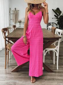 SHEIN PETITE Women's Vacation Casual Sleeveless Textured Open Back Fuchsia Pink Jumpsuit, Spring/Summer - Hot Pink - View 6