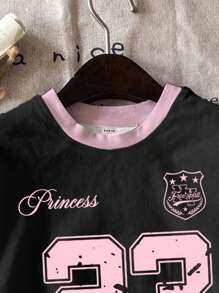 SHEIN Leap Crew 2 件套青少年女孩休闲蝴蝶结印花数字 28 短袖 T 恤和短裤套装，适合夏季 - 彩色 - 查看 4