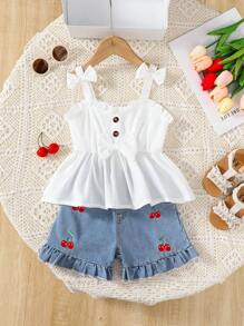 SHEIN Girlhood Core 2Pcs/Set Young Girl Casual School Style Red Camisole And Blue Denim Wash Shorts, Cherry Print - White - View 6