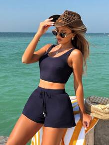 Swim Lushoire Women Beach Summer Outfits: Solid Color Crew Neck Sleeveless Top, High Cut Swimming Trunks, And Wavy Trim Casual Swimwear Set