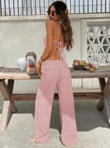 SHEIN VCAY 2 件套纯色吊带背心和高腰阔腿裤套装女士 - 粉色 - 查看 5