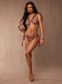 Hauture Women's Brown Leopard Off-Shoulder Bikini Top With Front Ruched And Gold Ornament For Summer Beach Vacation - Multicolor - View 4