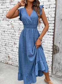 SHEIN PETITE Abito da donna casual minimalista con arricciatura sull'orlo e laccio in vita, perfetto per le vacanze