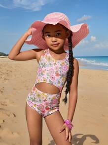 SHEIN SLAYR KIDS Young Girl's Knitted Flower Print One-Piece Swimsuit For Vacation