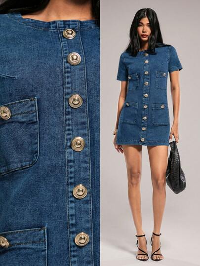 Forever 21 女式纽扣装饰口袋休闲牛仔迷你连衣裙，短袖圆领