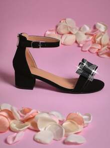 Mini mi 女孩水钻蝴蝶结踝带圆头粗跟优雅小块黑色凉鞋 - 别致、时尚、舒适 - 銀色 - 查看 4