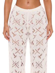 Musera Resort Mid Rise Crochet Fitted Flared Trousers Summer Spring Holiday Vacation Sexy Club Ibiza Beachwear Nanoscopic Hen Do Wedding Bridal Bachelorette - Cream - View 5