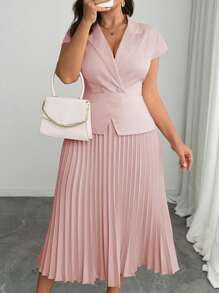 Elenzga 大码女式法式优雅正式休闲度假纯色西装领收腰 A 字褶皱短袖连衣裙，春夏 - 粉色 - 查看 3