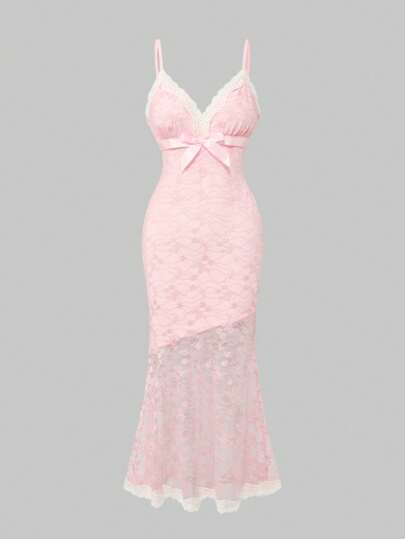 Kawaii Women's Lace Straps Pink Mermaid Hem Dress