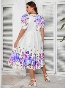 SHEIN Clasi Plus Size Elegant Floral Print Gigot Sleeve Dress For Summer - Blue - View 2